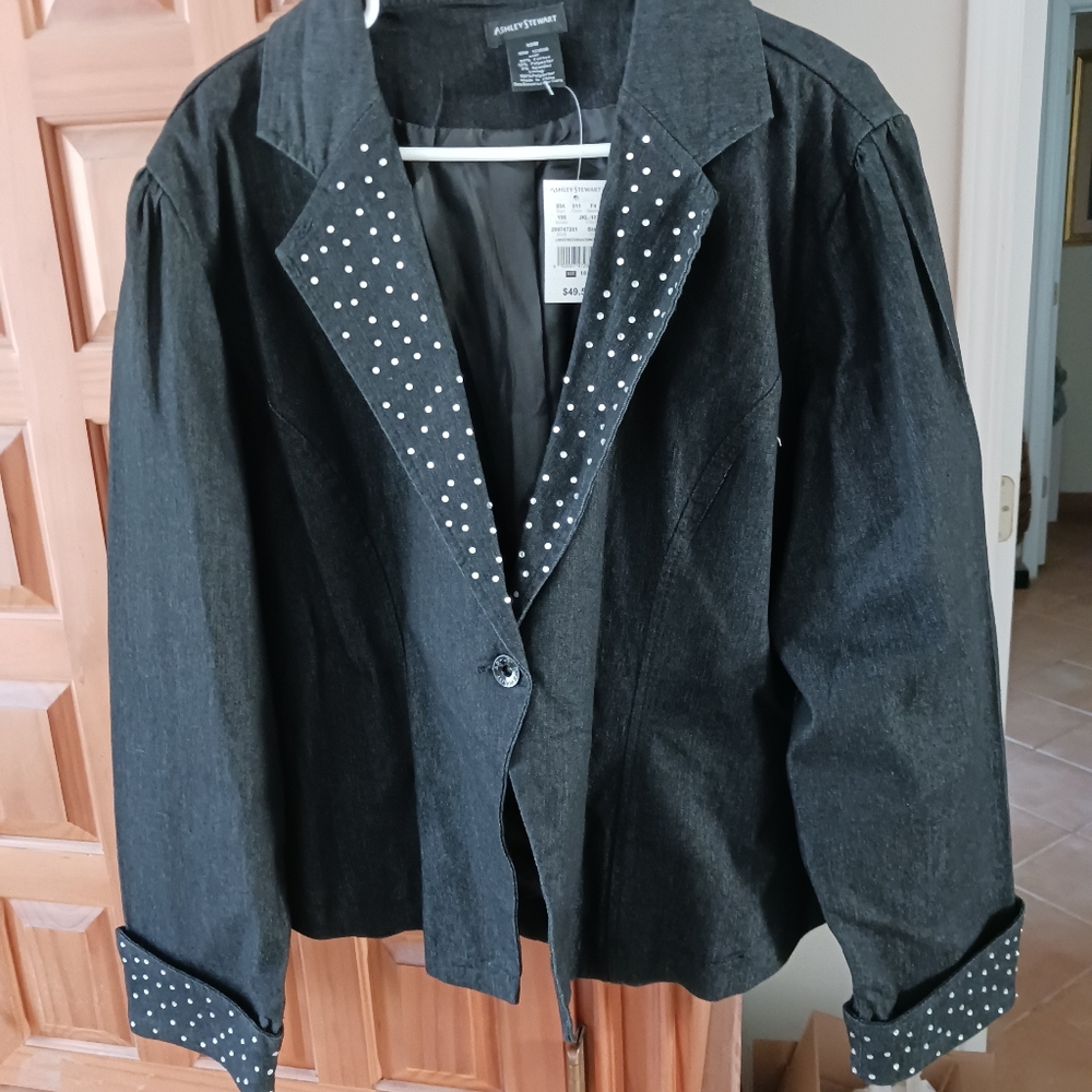 NWT Ashley Stewart Black Denim Blazer with Studded Detail